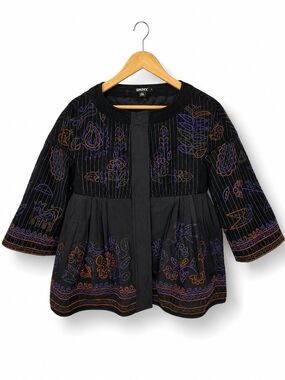 DKNY Vintage Embroidered Peplum 97% Wool Boho Jacket Black Size 2